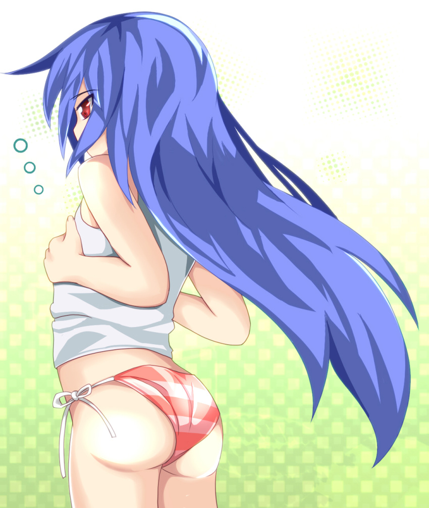 ass, blue_hair, flat_chest, highres, hinanawi_tenshi, long_hair, no_hat, no_headwear