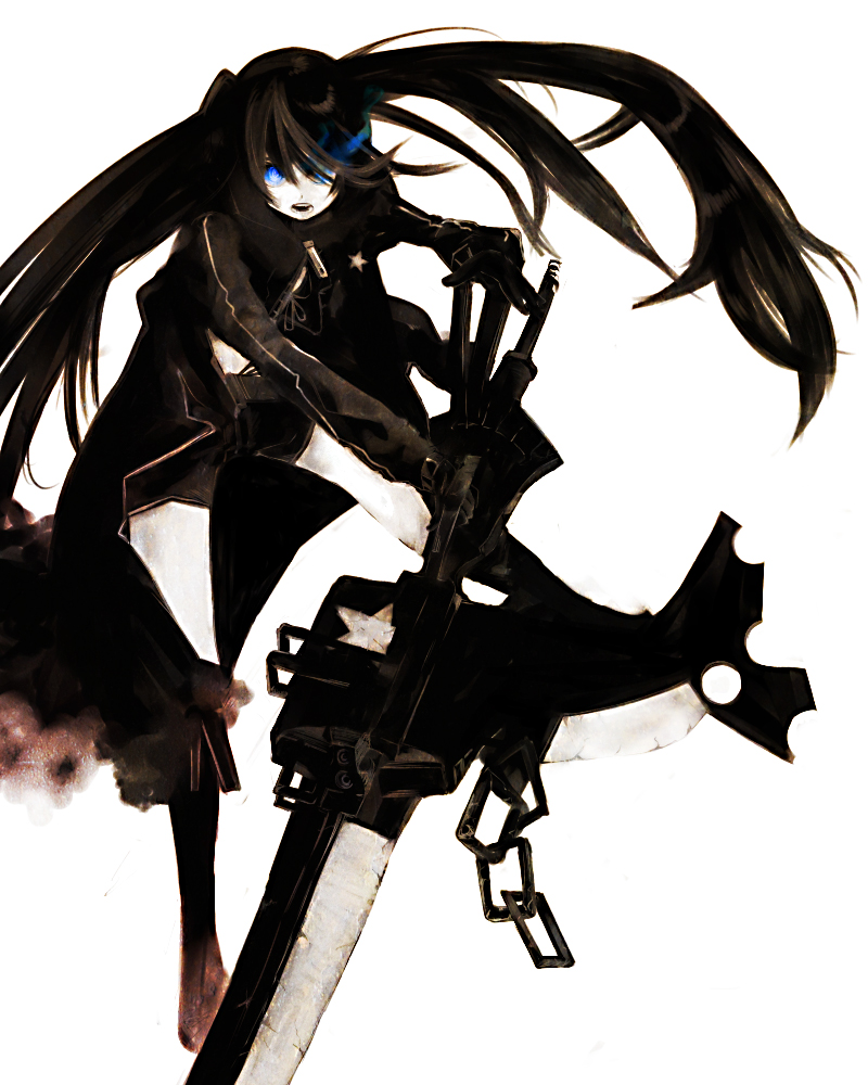black_rock_shooter, black_rock_shooter_(character), blue_eyes, boots, glowing, glowing_eyes, long_hair, midriff