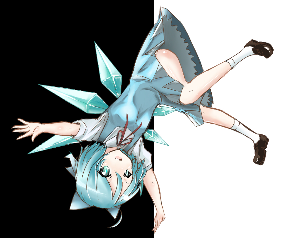 1girl, blue_eyes, blue_hair, cirno, ice, ice_wings, outstretched_arms, shoes