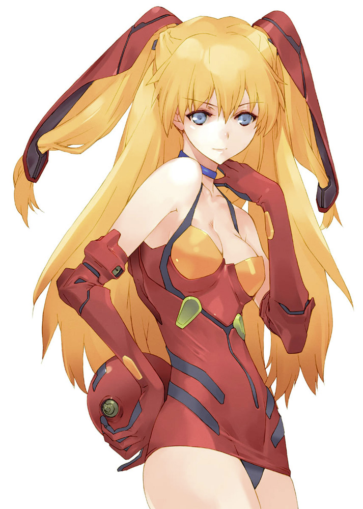 adapted_costume, bare_shoulders, blonde_hair, blue_eyes, breasts, brown_hair, choker, cleavage, elbow_gloves, gloves, hand_on_hip, long_hair, neon_genesis_evangelion, okazaki_takeshi, plugsuit, simple_background, solo, souryuu_asuka_langley, super_plugsuit