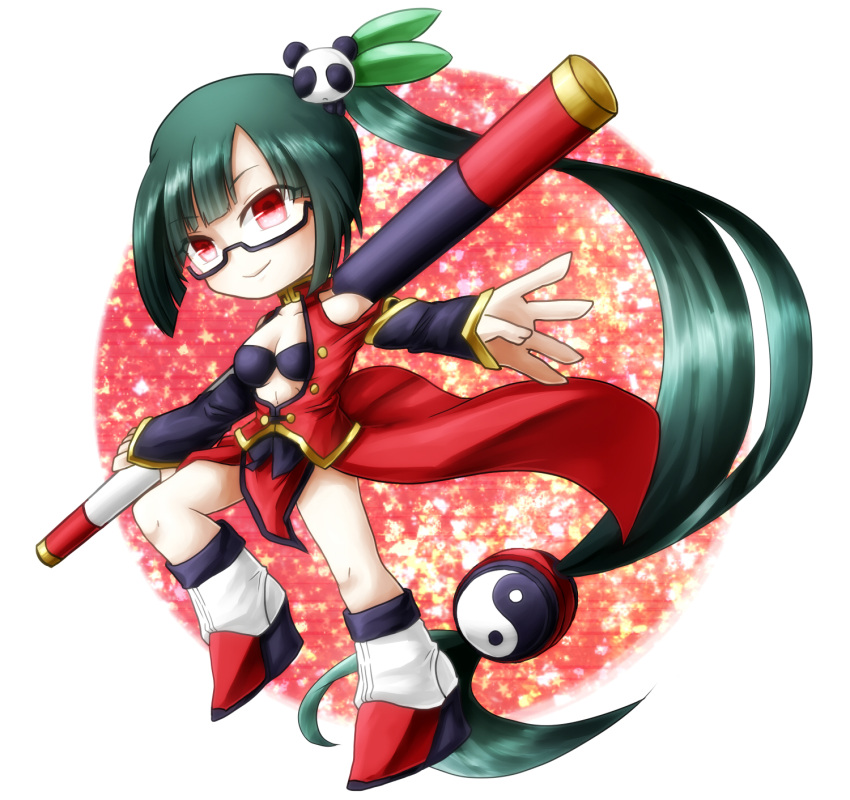 black_hair, blazblue, boots, glasses, highres, lao_jiu, litchi_faye_ling, long_hair, low-tied_long_hair, red_eyes, side_ponytail, skirt, smile, solo, staff, yin_yang, zairusibetto