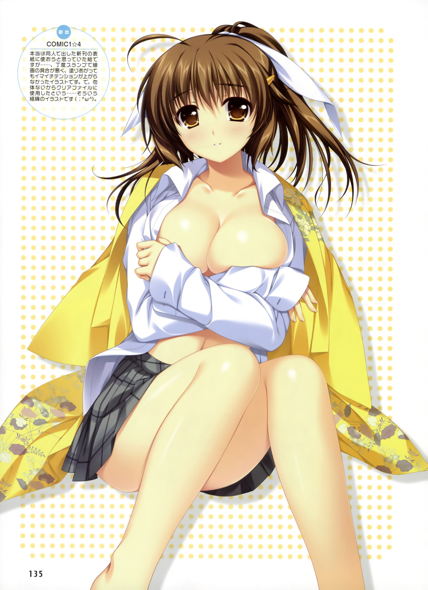 absurdres, alpha_(artist), breasts, brown_eyes, brown_hair, cleavage, dengeki_moeou, hair_ornament
