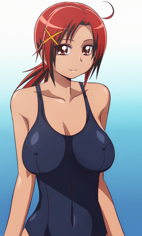 ahoge, breasts, erect_nipples, hino_akane, large_breasts, manji_(tenketsu), one-piece_swimsuit, precure