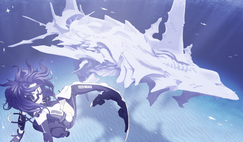 goggles, highres, masariro, mecha_musume, monofin, monster, original, sand, science_fiction, scifi, scuba, shadow, solo, underwater, wetsuit