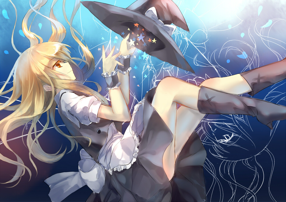 apron, blonde_hair, boots, bow, brown_eyes, hat, hat_bow, hat_removed