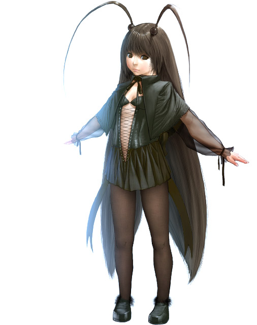 ahoge, brown_eyes, brown_hair, bug, buggirl, cockroach, dress, flat_chest