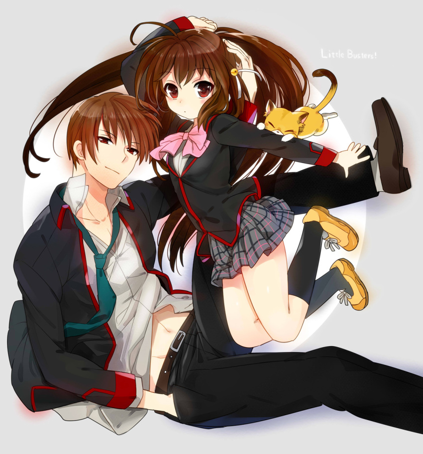 1girl, brother_and_sister, brown_hair, cat, highres, jamijami, little_busters!!, long_hair