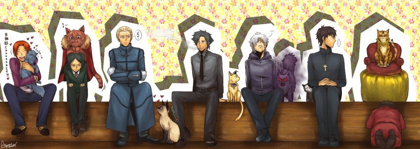 animalization, assassin_(fate/zero), berserker_(fate/zero), caster_(fate/zero), cat, chair, emiya_kiritsugu, fate/zero