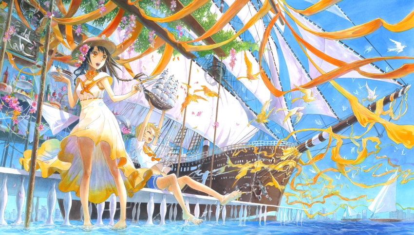 :d, ^_^, arms_up, barefoot, bird, black_hair, blonde_hair, braid, cafe, closed_eyes, dress, eyes_closed, feet_in_water, flower, fuumi_(radial_engine), hair_flower, hair_ornament, hat, hat_flower, highres, holding, kyouya_kakehi, mast, model_ship, multiple_girls, open_mouth, orange_eyes, original, plate, scenery, school_uniform, serafuku, ship, shorts, sitting, smile, soaking_feet, traditional_media, twin_braids, water