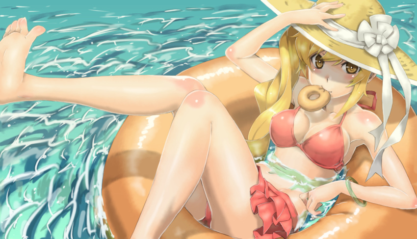 barefoot, bikini, blonde_hair, blush, bracelet, breasts, cleavage, doughnut
