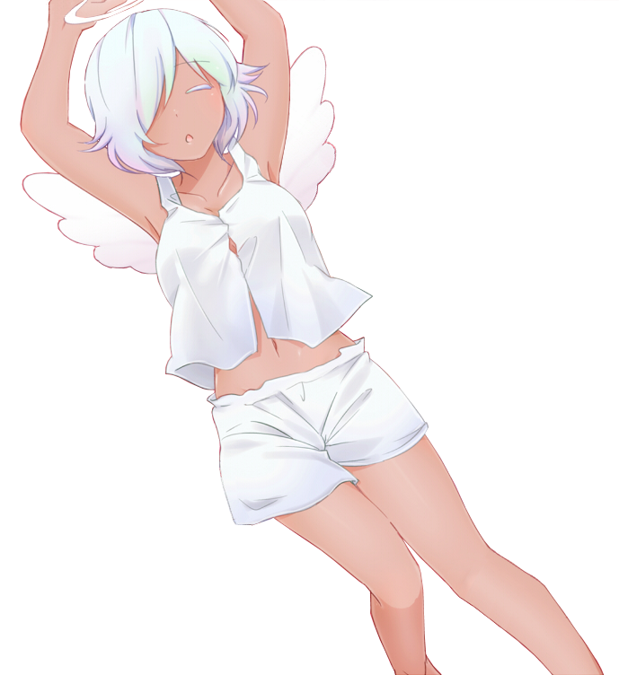 armpits, blue_hair, boyshorts, colored, dark_skin, goddess, hair_over_one_eye, kami_nomi_zo_shiru_sekai, mercury_(kaminomi), midriff, navel, short_hair, sleeping, solo, tan, transparent_background, vector_trace, wakaki_tamiki, wings
