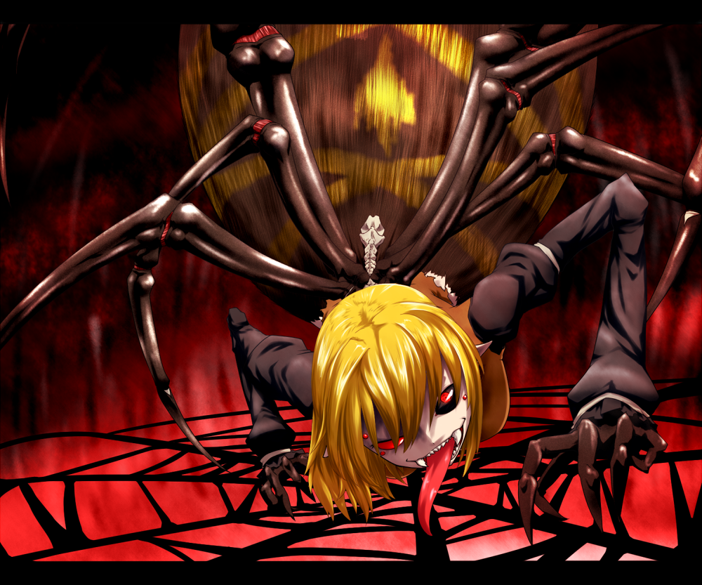 black_sclera, blonde_hair, breasts, claws, fangs, kurodani_yamame, kurodani_yamame_(spider), large_breasts