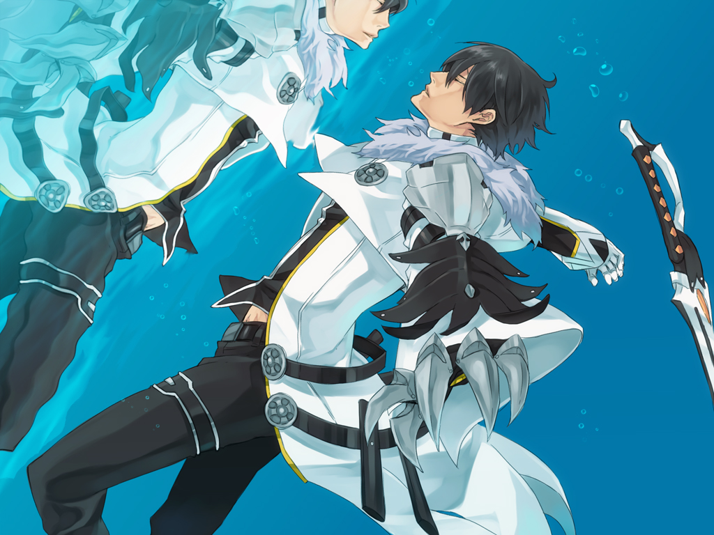 bad_id, black_hair, blue_background, closed_eyes, coat, daizu_yan, elsword, eyes_closed