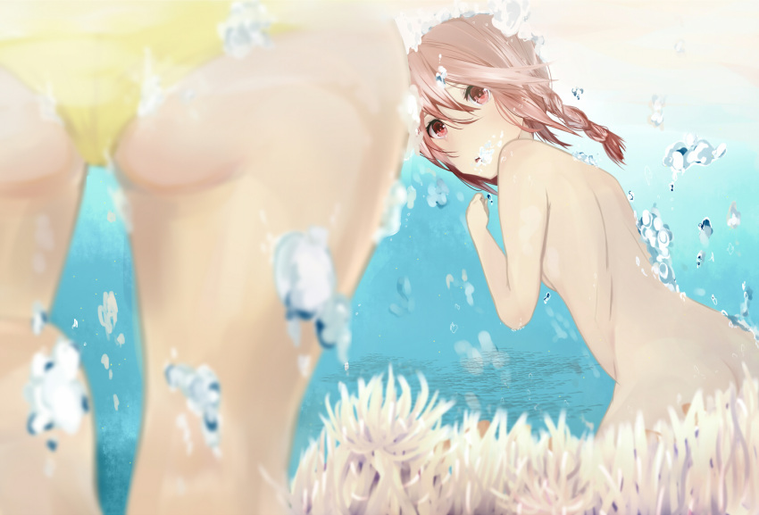 ass, bikini, braid, brown_hair, bubble, coral, fish, freediving