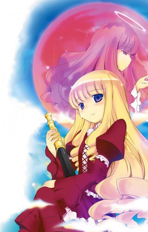 2girls, blonde_hair, bodice, cover, cover_page, dual_persona, goddess, halo