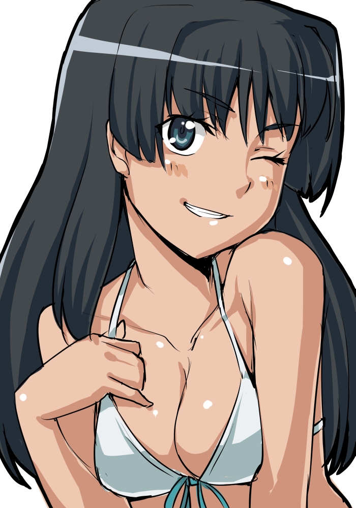 bad_id, bikini, bikini_top, black_hair, blue_eyes, breasts, cleavage, front-tie_top, grin, karute, saten_ruiko, smile, solo, swimsuit, swimwear, to_aru_kagaku_no_railgun, to_aru_majutsu_no_index, wink