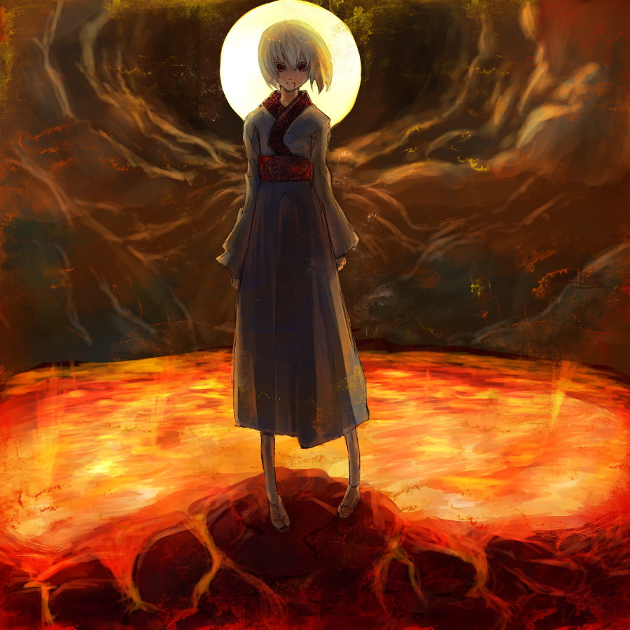 blood, blood_in_mouth, bow, dark, empty_eyes, fire, fujiwara_no_mokou, fujiwara_no_mokou_(young), full_moon, hair_bow, kusakanmuri, legs, long_sleeves, magma, molten_rock, moon, moonlight, obi, pigeon-toed, red_eyes, sandals, short_hair, solo, standing, tabi, touhou, volcano, white_hair, wide_sleeves, young