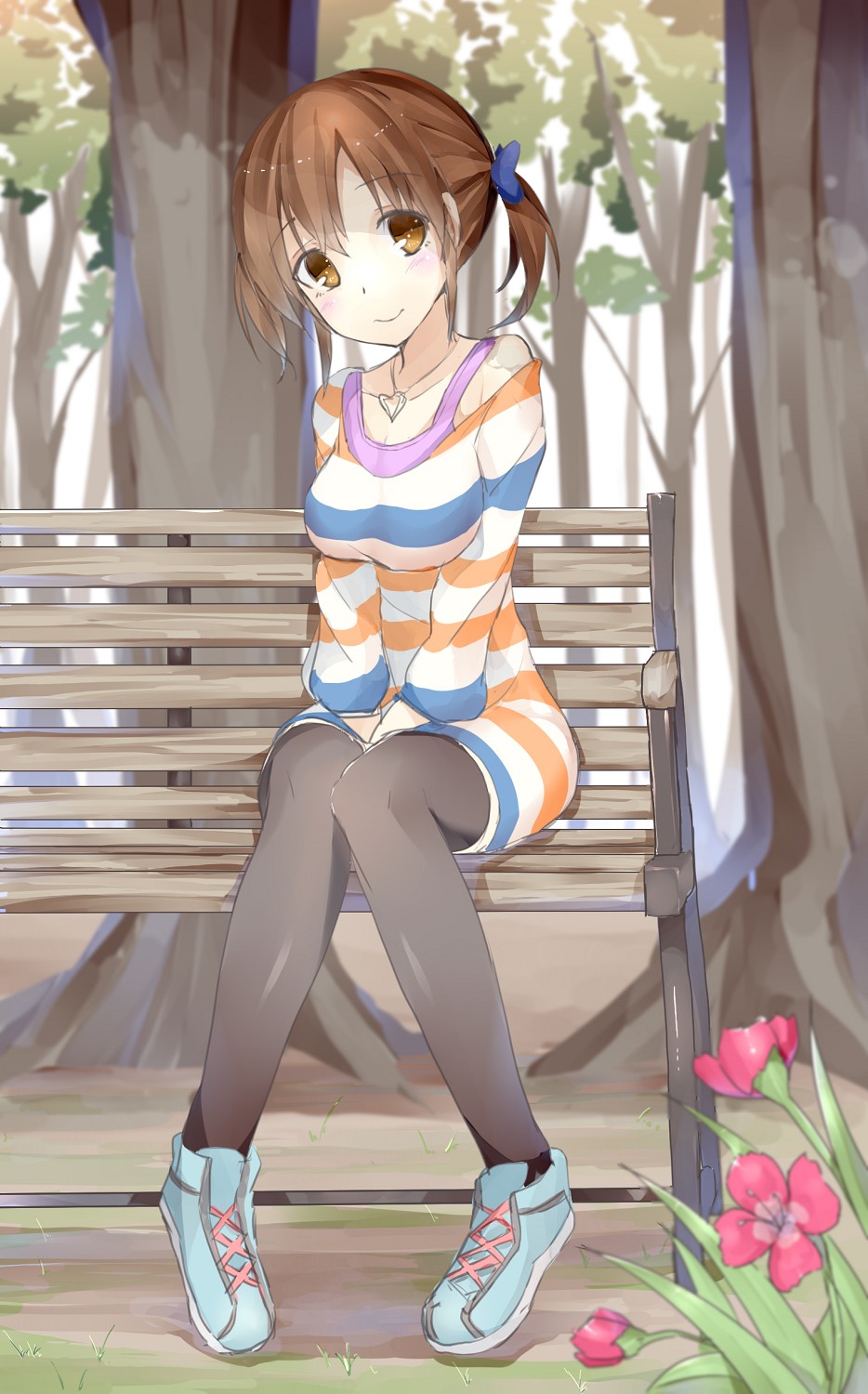 bench, black_legwear, brown_eyes, brown_hair, casual, flower, highres, idolmaster