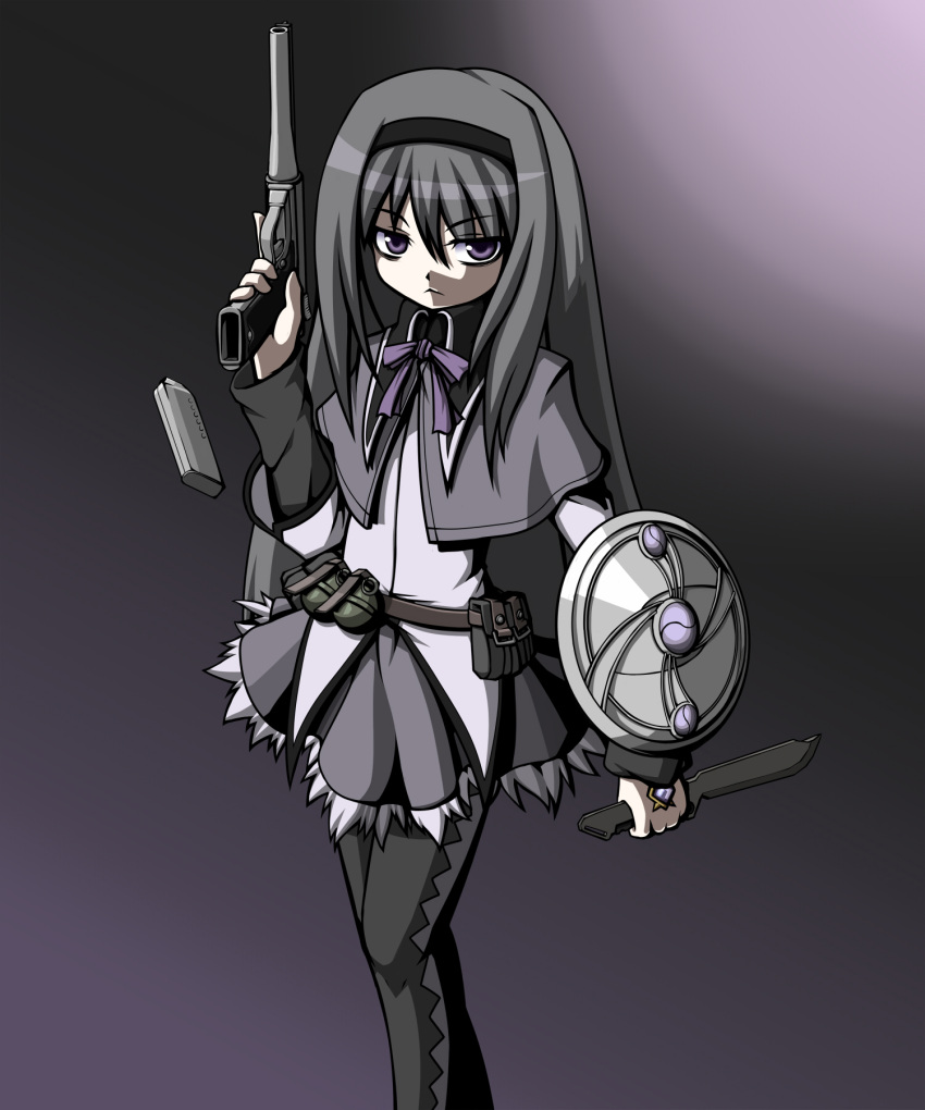 akemi_homura, black_hair, explosive, grenade, gun, highres, knife, long_hair