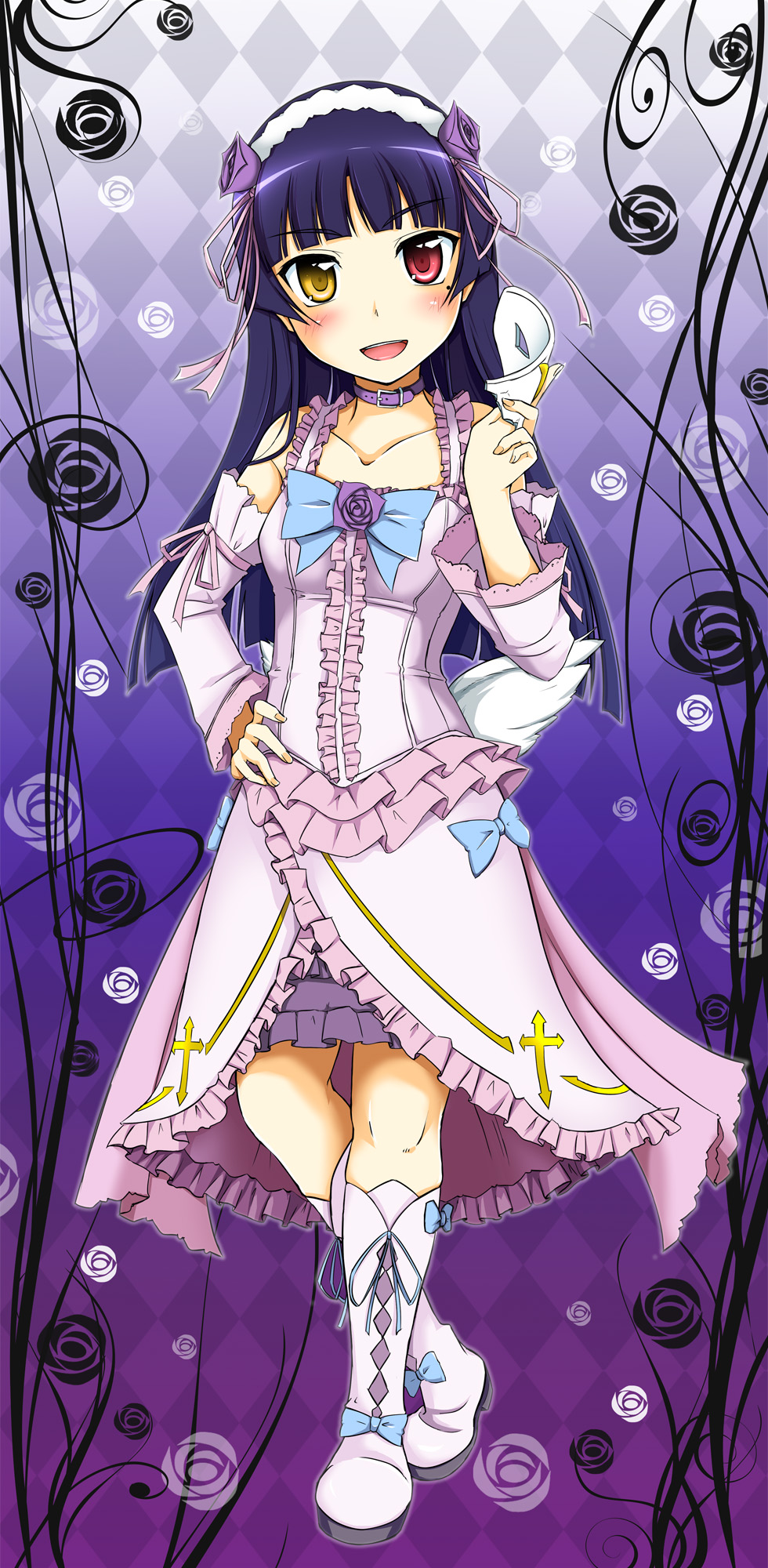 :d, argyle, argyle_background, belt, belt_choker, black_hair, blush, boots