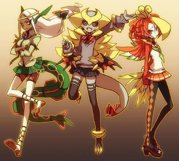 black_legwear, blonde_hair, giratina, grey_skin, ho-oh, kantarou_(8kan), multiple_girls, pantyhose