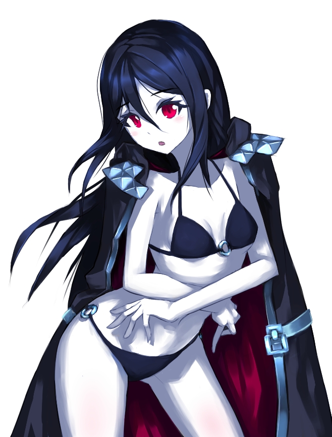 1girl, black_hair, blue_skin, bra, cape, getamped, long_hair, midriff