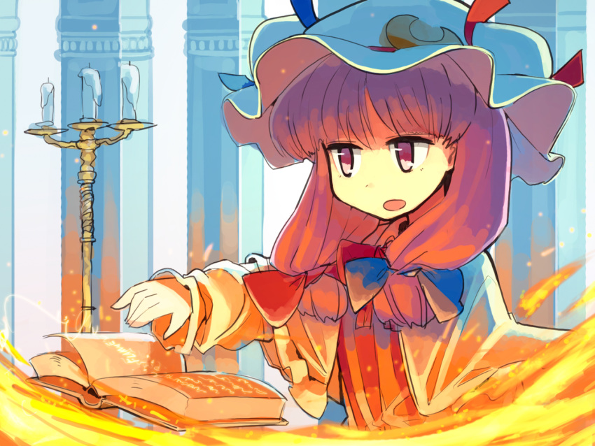 book, bow, candle, capelet, crescent, hair_bow, hat, juraki_hakuaki