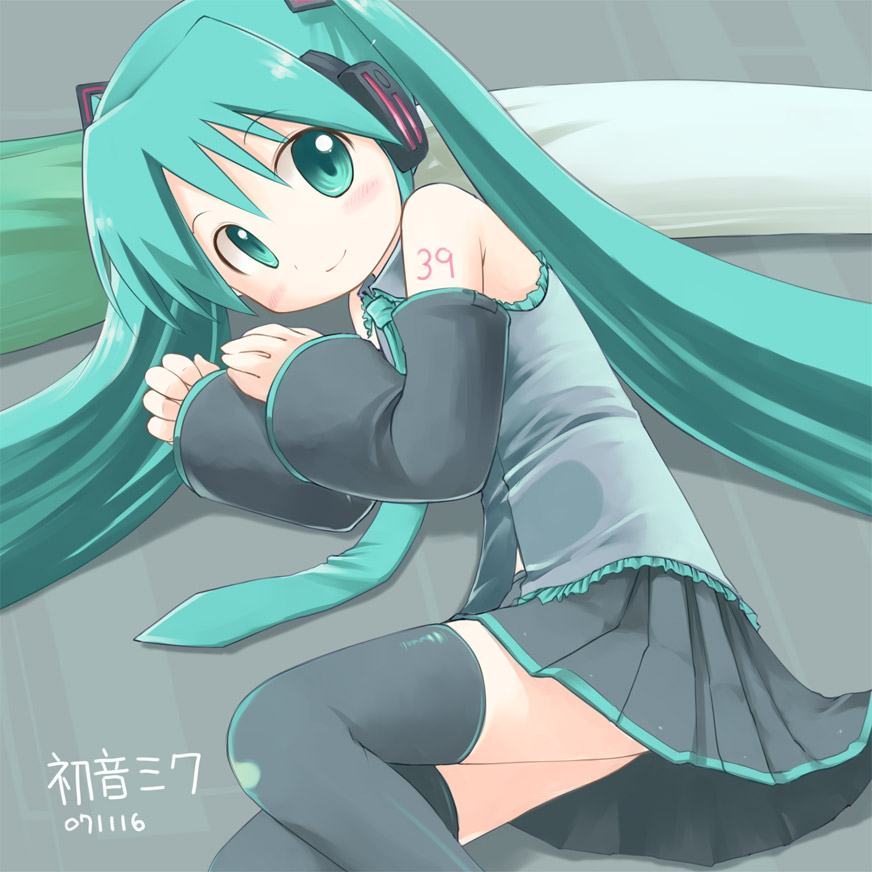 1girl, 39, 2007, aqua_eyes, aqua_hair, bare_shoulders, black_legwear, character_name