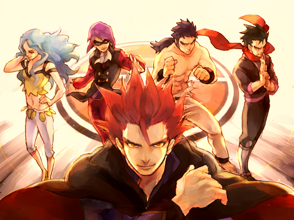 4boys, black_hair, blue_hair, cape, domino_mask, elite_four, itsuki_(pokemon), japanese_clothes