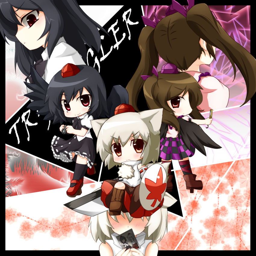 animal_ears, bird_wings, black_hair, black_wings, blush, brown_hair, camera, cellphone