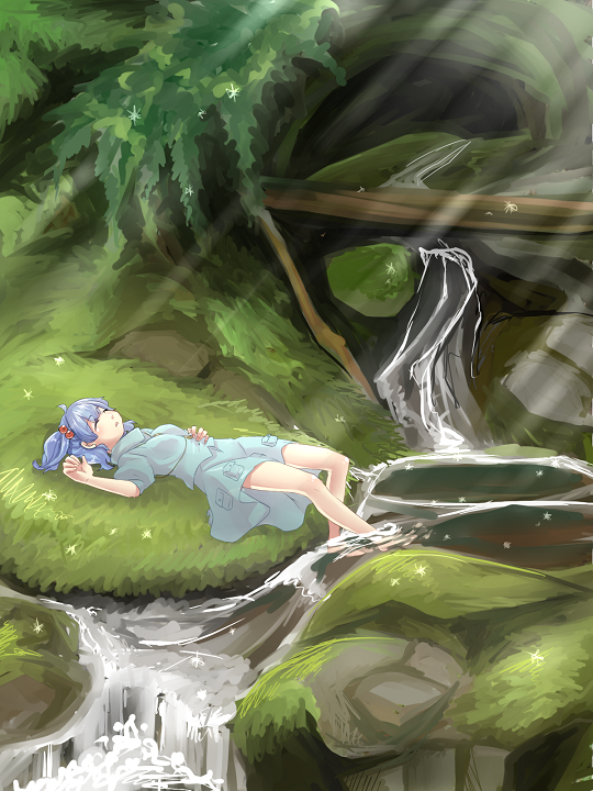 hiyosuke, hiyosuke_(ak_love), kawashiro_nitori, lying, nature, no_hat, no_headwear, on_back