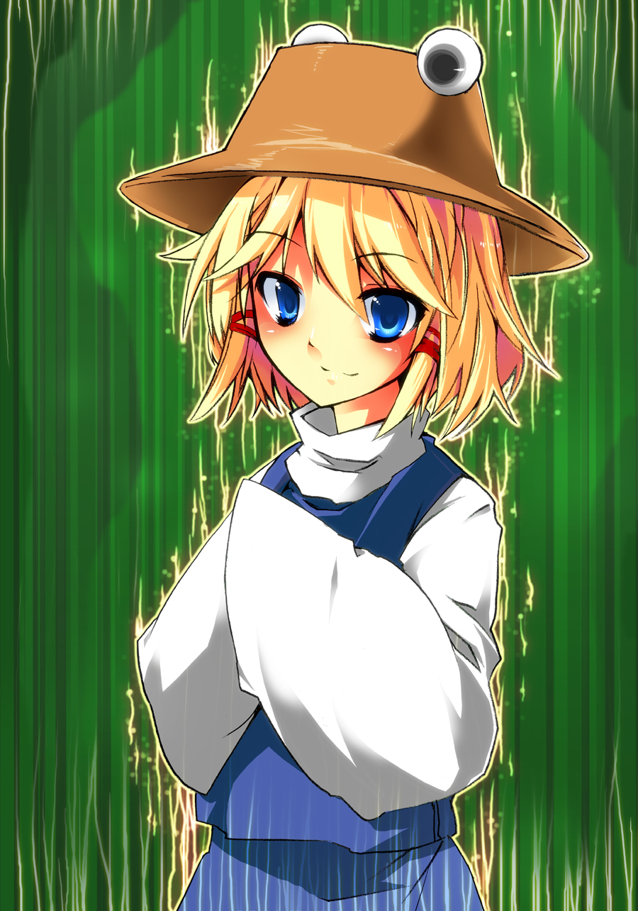 blonde_hair, blue_eyes, hands_in_sleeves, harii, harry_(namayake), hat, highres, moriya_suwako