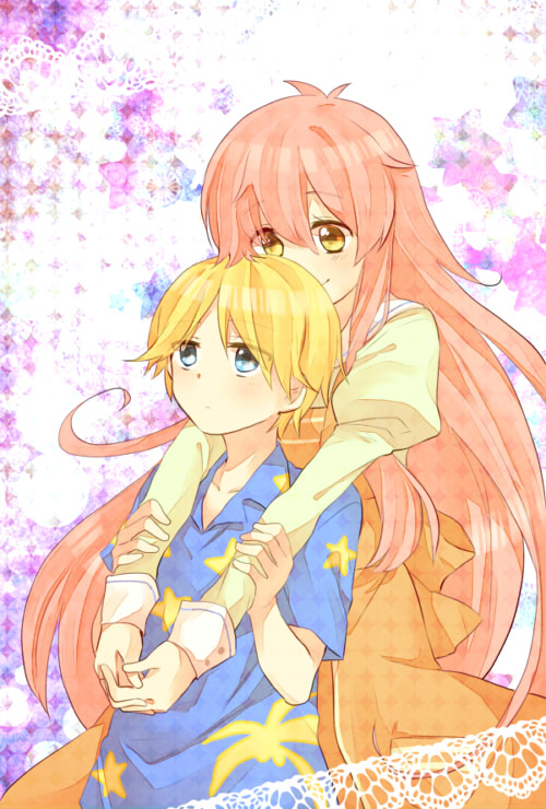 1girl, arm_holding, assistant_(jintai), blonde_hair, blue_eyes, female, hug, hug_from_behind