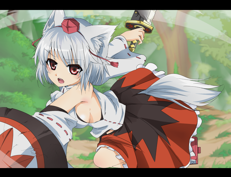 animal_ears, breasts, bush, detached_sleeves, hat, inubashiri_momiji, open_mouth, red_eyes