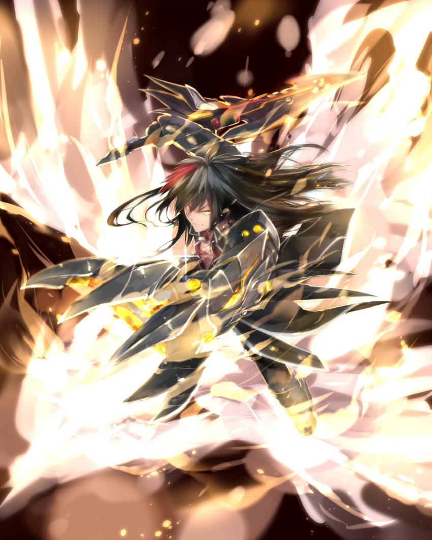 absurdres, armor, black_hair, coat, elsword, fire, grin, highres, long_hair, male, malmaron, multicolored_hair, raven_(elsword), red_hair, redhead, smile, solo, sword, two-tone_hair, weapon, yellow_eyes