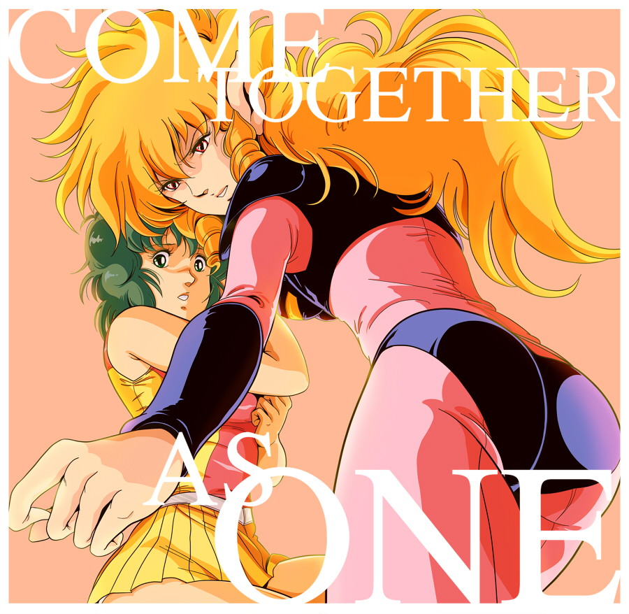 80s, arm_hug, blonde_hair, bodysuit, drill_hair, english, green_eyes, green_hair
