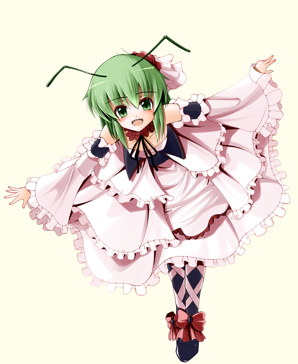 1girl, :d, alternate_costume, androgynous, antennae, black_legwear, bow, collarbone