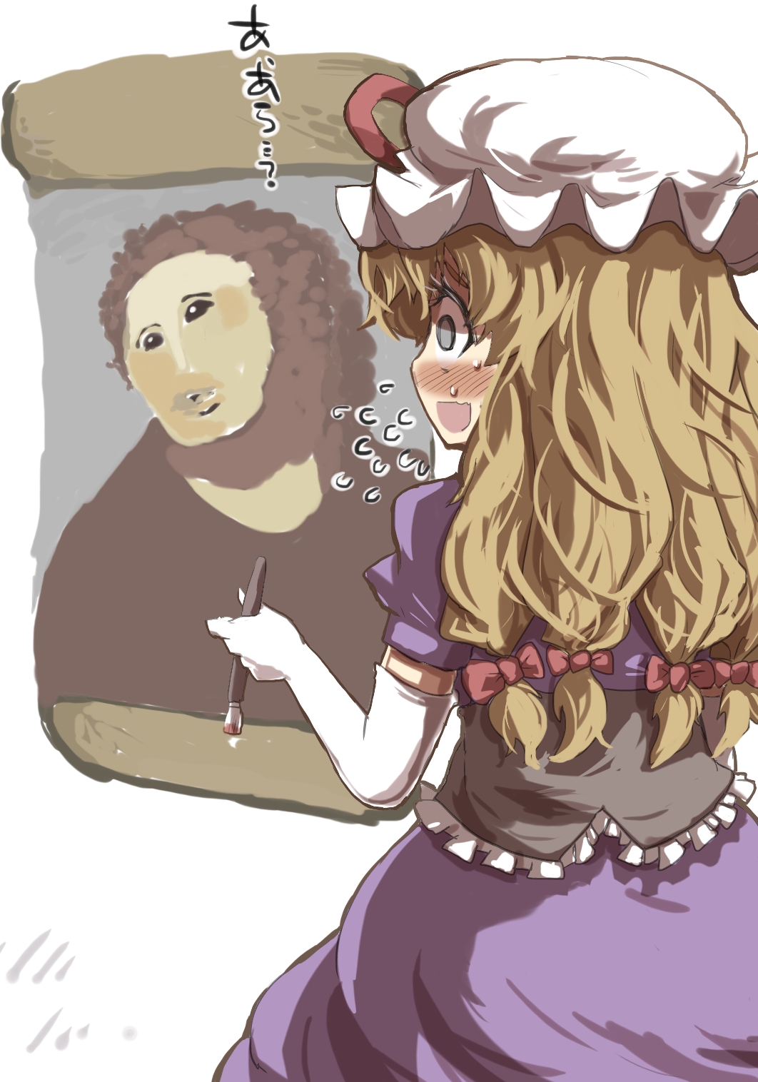 blonde_hair, blue_eyes, blush, bow, commentary, corset, dress, ecce_homo