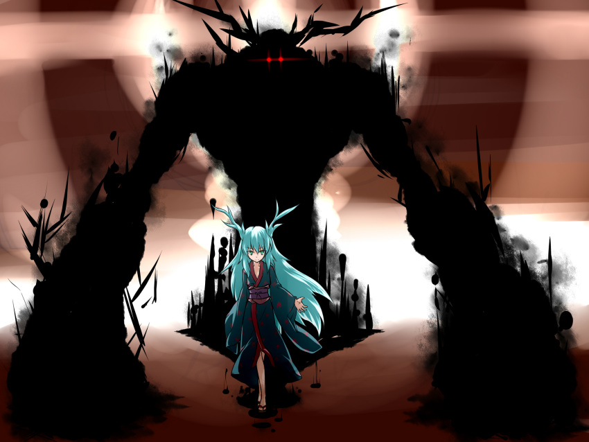 aqua_hair, blue_hair, glowing, glowing_eyes, green_eyes, highres, japanese_clothes, kimono