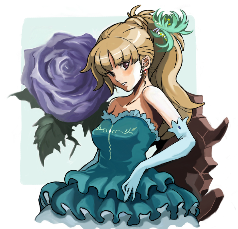 bare_shoulders, blonde_hair, brown_eyes, cowboy_shot, dress, elbow_gloves, flower, frilled_dress