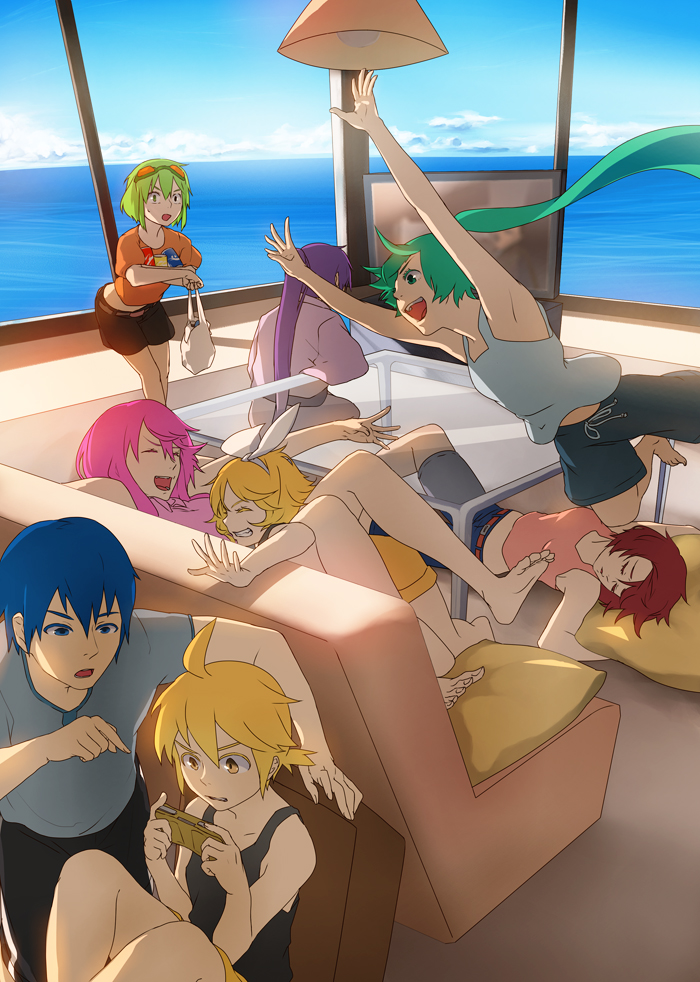 5girls, bad_id, barefoot, blue_hair, brown_hair, casual, couch, feet, female, good, gumi, happy, hatsune_miku, japanese_clothes, jumping, kagamine_len, kagamine_rin, kaito, kamui_gakupo, kimono, lying, male, megurine_luka, meiko, multiple_boys, multiple_girls, ocean, senni, shorts, sleeping, smile, table, tank_top, television, vocaloid, water, yukata