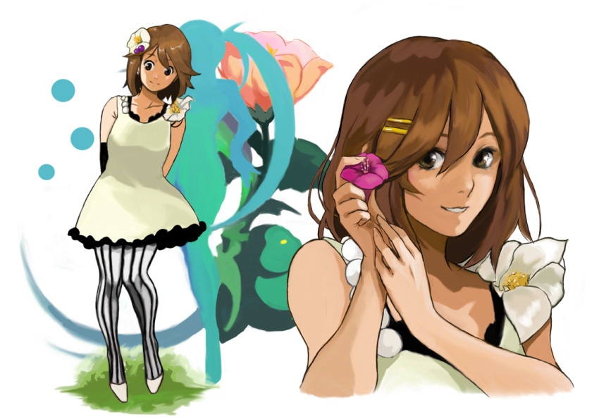 brown_eyes, brown_hair, don't_say_"lazy", don't_say_"lazy", dress, flower, hagitotoro, hair_ornament