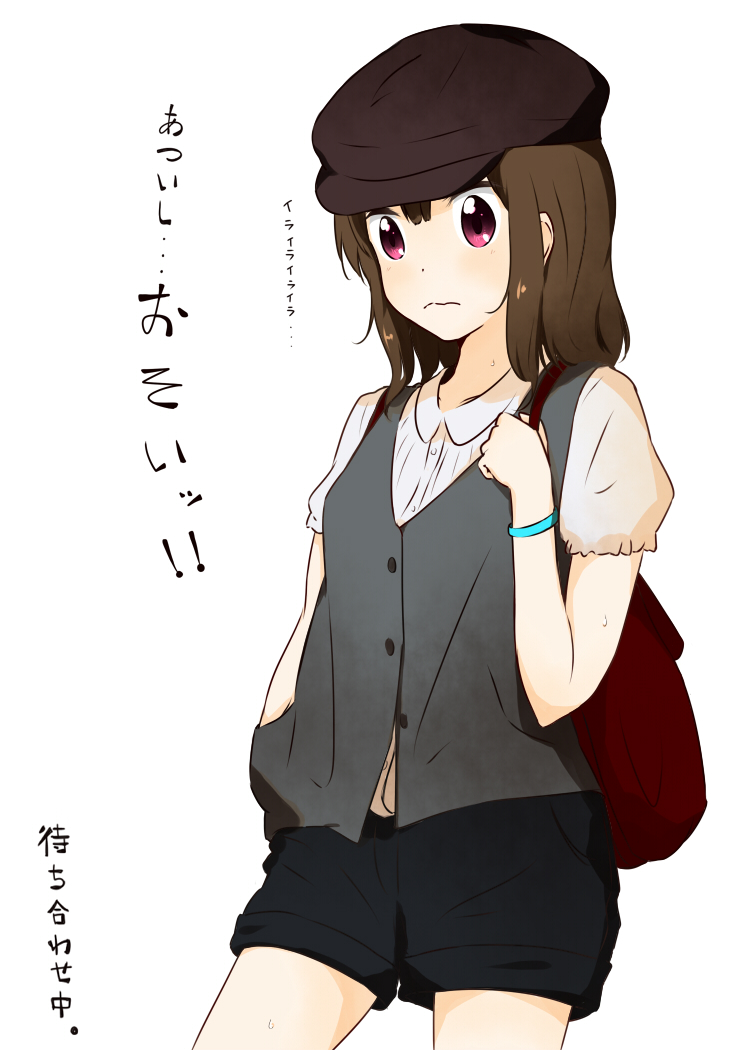 alternate_hairstyle, bag, bracelet, brown_hair, cabbie_hat, casual, hair_down, hand_in_pocket, handbag, hat, hot, jewelry, k-on!, machahiro_(shiitake), purple_eyes, shorts, solo, suzuki_jun, sweat, vest, violet_eyes, wavy_mouth