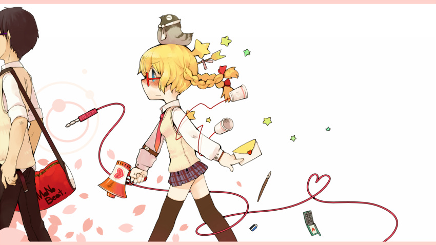 1girl, animal_on_head, arrow, audio_jack, bag, belt, bird, black_legwear