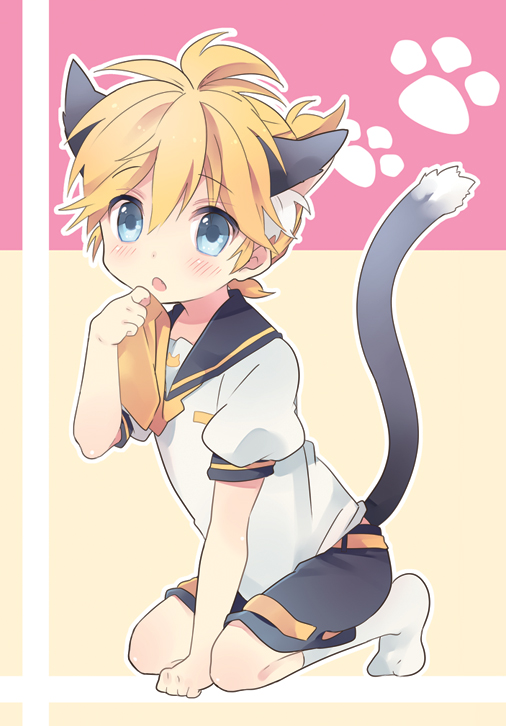 ahoge, animal_ears, bad_id, blonde_hair, blue_eyes, blush, cat_ears, cat_tail