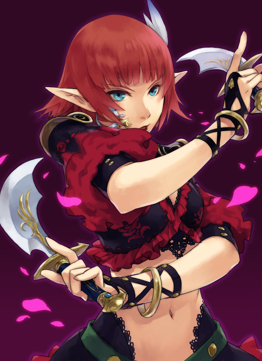 1girl, absurdres, blue_eyes, bracelet, choker, dagger, dual_wielding, earrings