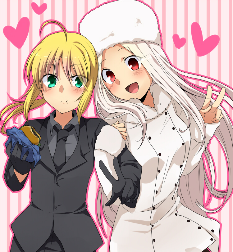 :d, ahoge, black_gloves, blonde_hair, coat, eating, fate/zero, fate_(series)