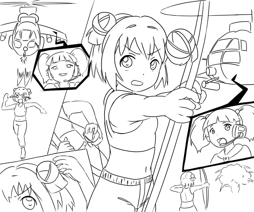bow_(weapon), cargo_pants, chinatsu, crossover, double_bun, explosion, helicopter, hellicopter, highres, parody, rambo, short_hair, sig_(artist), sig_(sfried), twintails, weapon, yoshikawa, yoshikawa_chinatsu, yuru_yuri