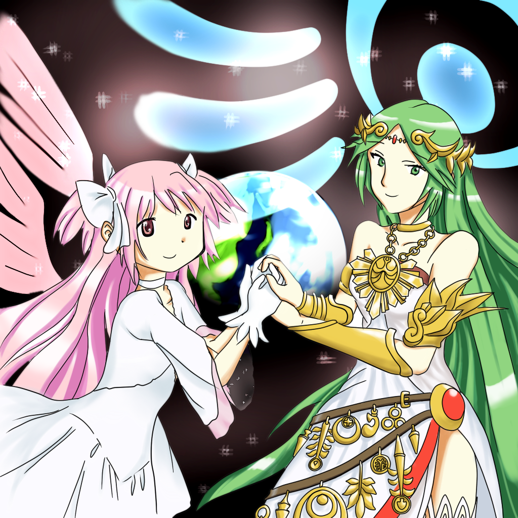 2girls, crossover, goddess, goddess_madoka, hand_holding, hisakawa_aya, hobunsha, holding_hands