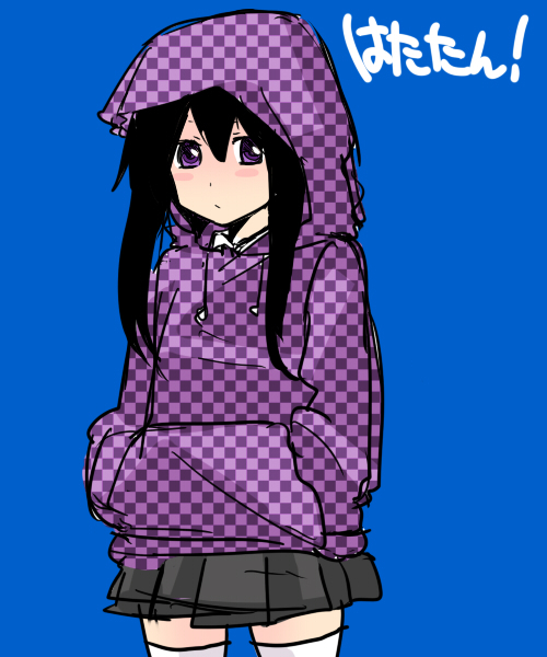 ako96, alternate_costume, black_hair, blue_background, blush, hata-tan, himekaidou_hatate, hood, jacket, long_hair, long_sleeves, purple_eyes, solo, thigh-highs, thighhighs, touhou, unmoving_pattern, violet_eyes, white_legwear